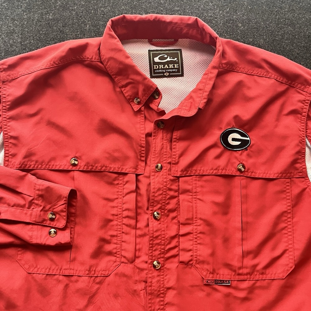 UGA Georgia Bulldogs Drake Red Long Sleeve Button Down Fishing‎ Shirt Mens L